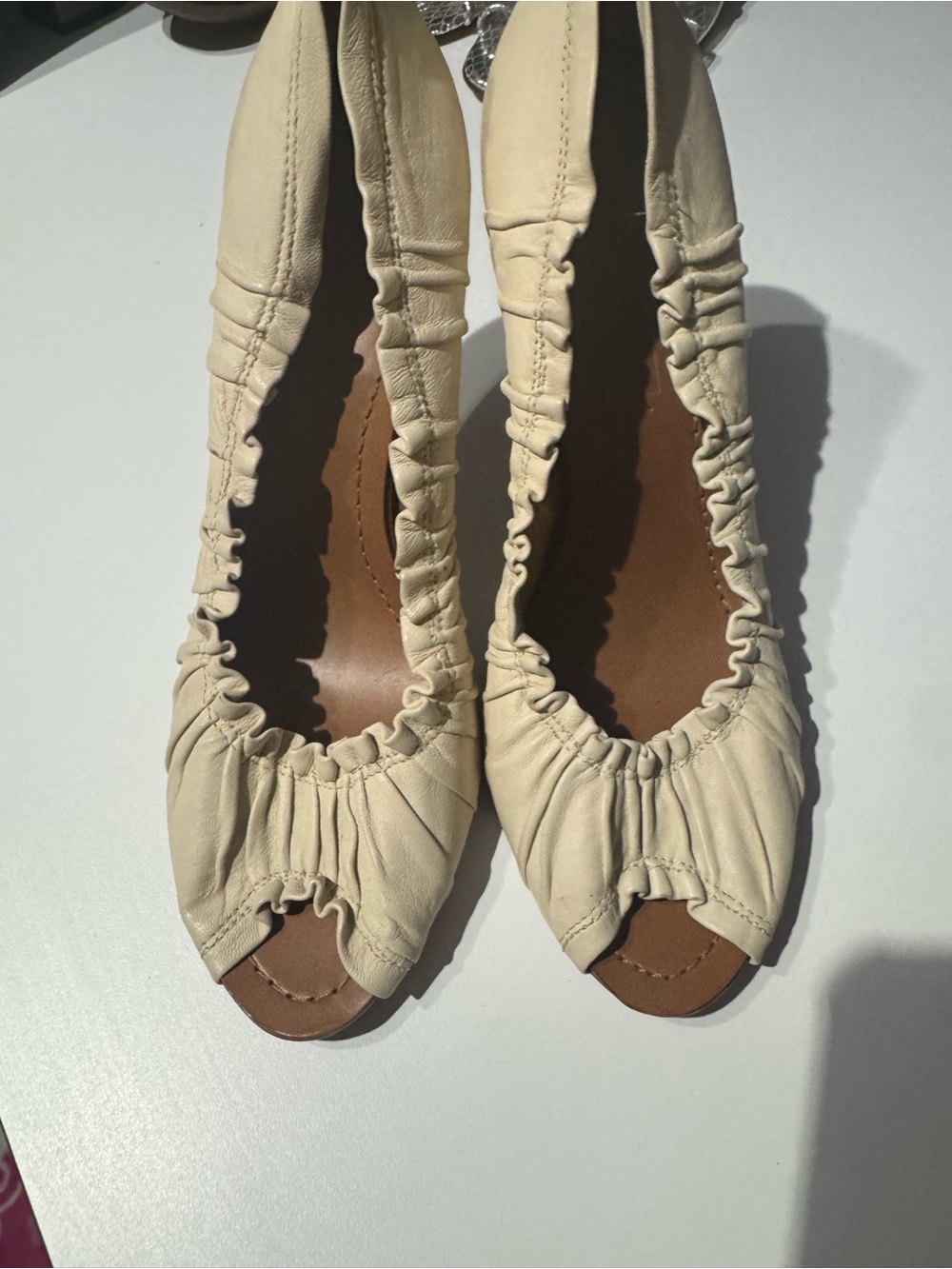 BCBGMaxAzria Cream Ruched Peep-Toe Flats